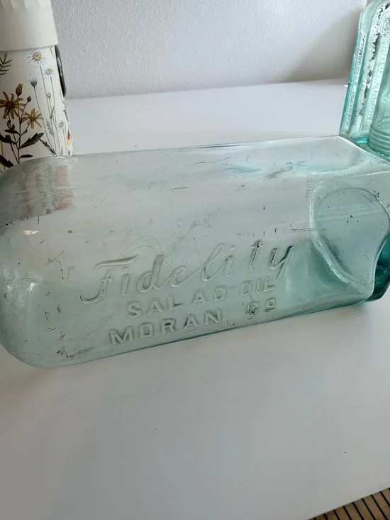 Antique Embossed Aqua Glass Bottle - Salad Oil - Picture 6 of 6